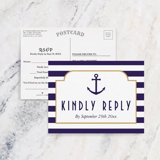 Nautical Navy & White Stripe Anchor Wedding RSVP Invitation Postcard (Creator Uploaded)