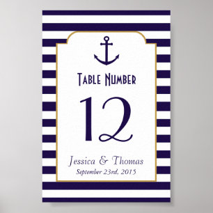 Nautical Navy & White Stripe Anchor Wedding Table Poster
