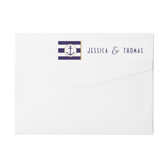 Nautical Navy & White Stripe Anchor Wedding Wrap Around Label (Back)