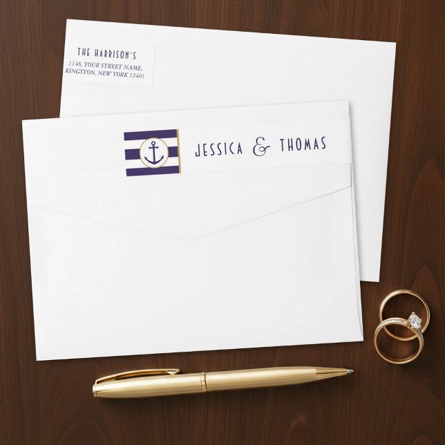 Nautical Navy & White Stripe Anchor Wedding Wrap Around Label (Creator Uploaded)