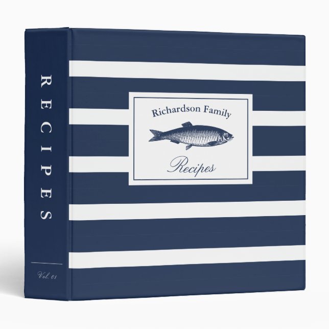 Nautical Navy White Stripe Nautical Family Recipe  Binder (Front/Spine)