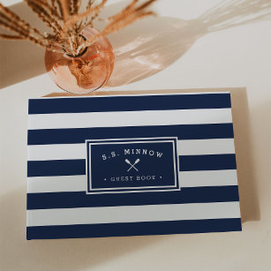 Nautical Navy & White Stripe   Personalized Boat Guest Book