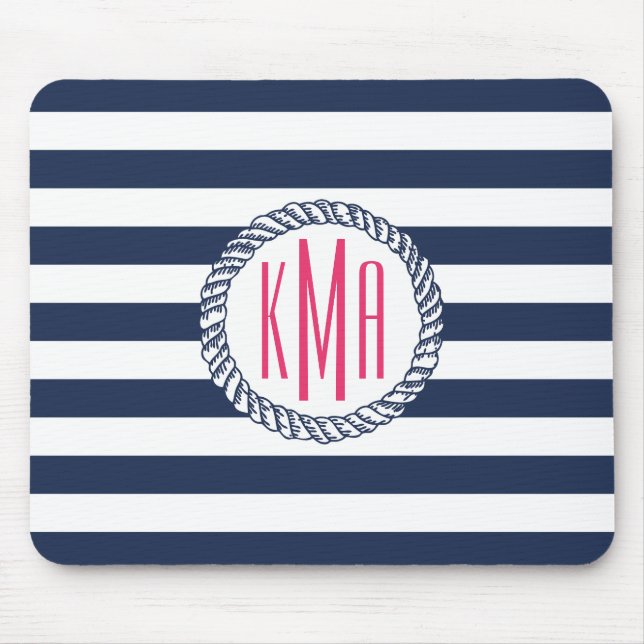 Nautical Navy & White Stripe w/ Pink Monogram Mouse Pad (Front)