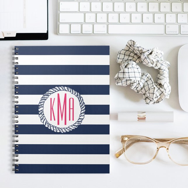 Nautical Navy & White Stripe w/ Pink Monogram Notebook (Creator Uploaded)