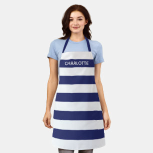 Nautical navy white stripes custom monogram name apron