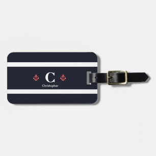 Nautical Navy White Stripes Monogram Luggage Tag