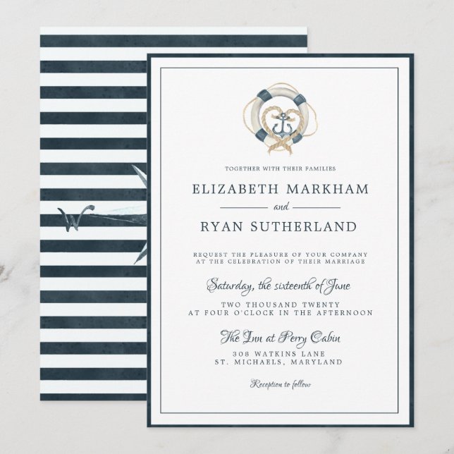 Nautical Navy & White Wedding | Anchored in Love Invitation (Front/Back)
