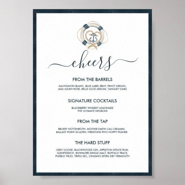 Nautical Navy & White Wedding Bar Menu Poster (Front)