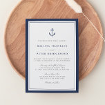Nautical Navy & White Wedding Invitation | Anchor<br><div class="desc">Our elegant wedding invitations feature classic nautical styling with a clean, minimalist look. Design features a double border of rich navy blue with a ship's anchor illustration at the top. Elegant block and script lettering in soft gray and matching navy blue completes the look. Perfect for yacht club, boat, beachside...</div>