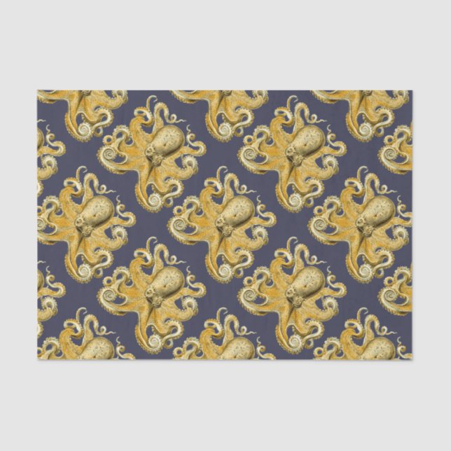 Nautical Navy & Yellow Vintage Octopus Tissue Paper (Front)
