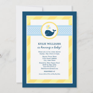 Nautical Navy Yellow Whale Baby Boy Shower Invitation