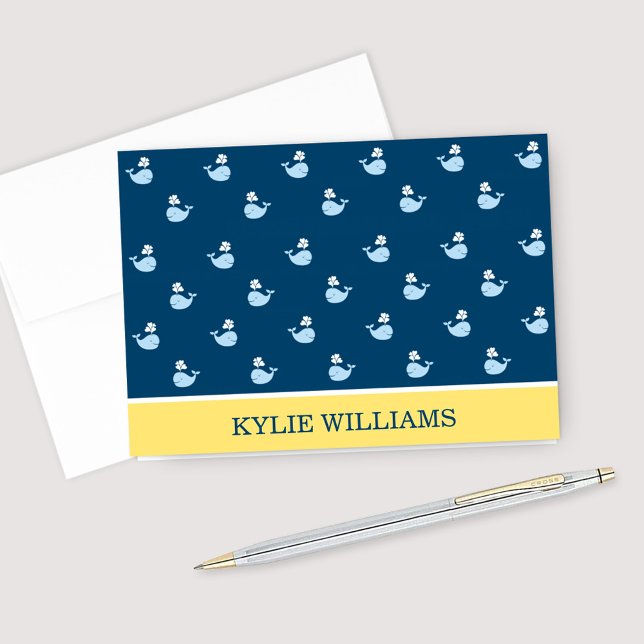 Nautical Navy Yellow Whale Personalized Note Card (Creator Uploaded)
