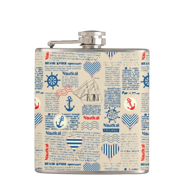 Nautical Newspaper Pattern Hip Flask (Front)