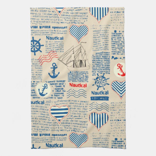 Nautical Newspaper Pattern Kitchen Towel (Vertical)