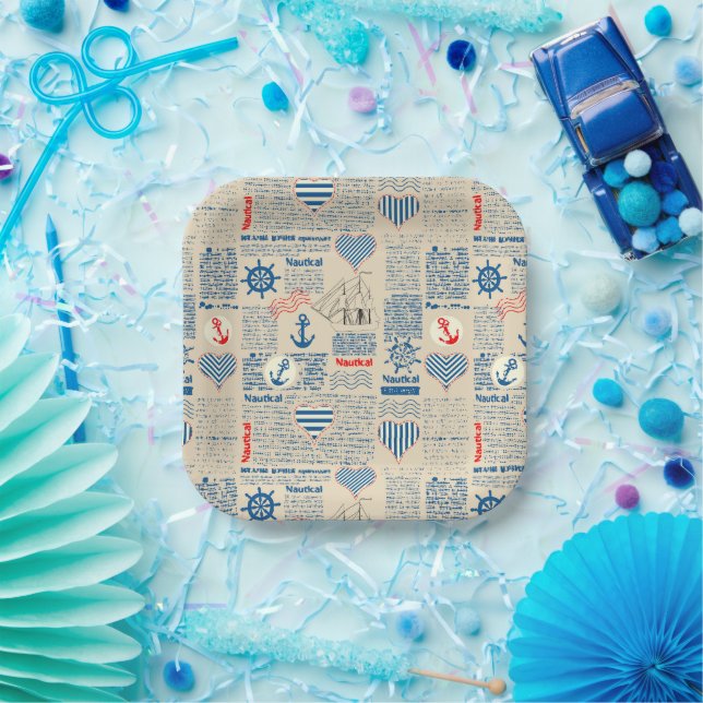 Nautical Newspaper Pattern Paper Plate (Party)