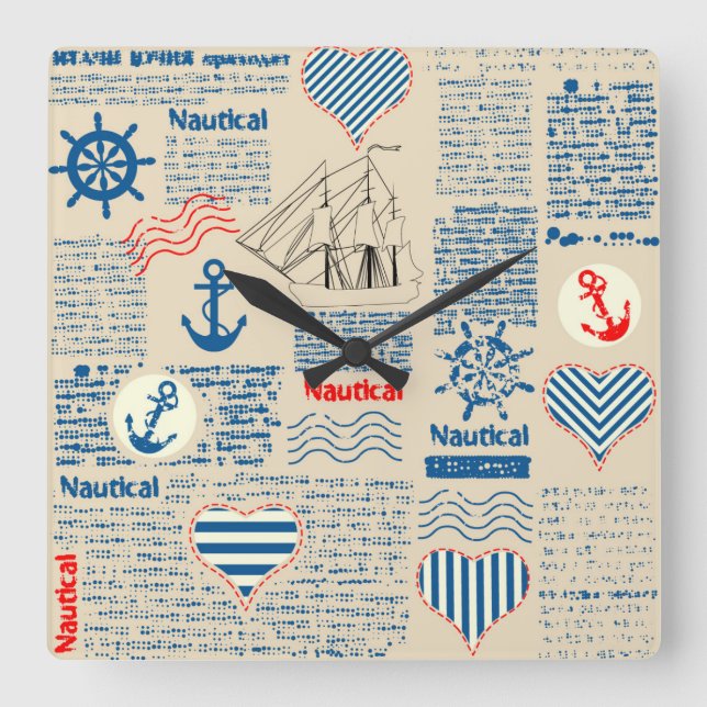 Nautical Newspaper Pattern Square Wall Clock (Front)