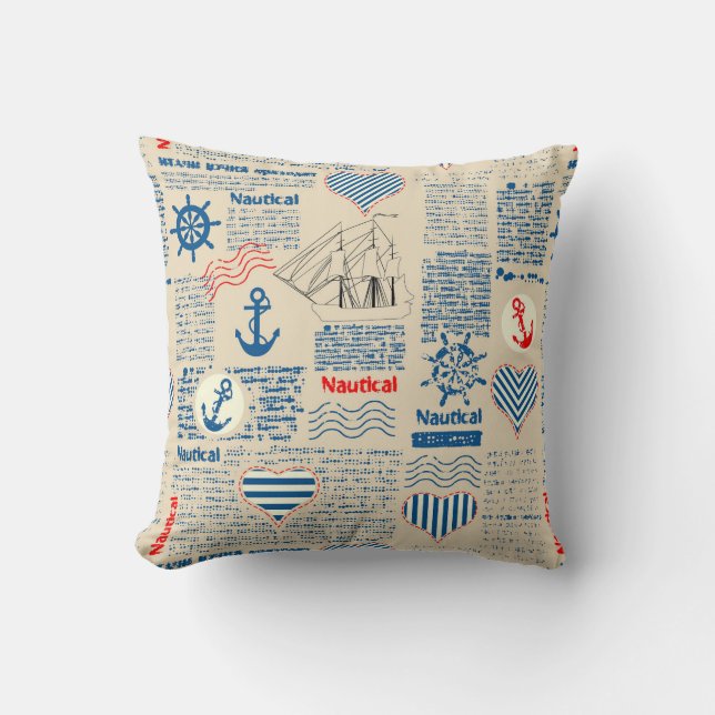 Nautical Newspaper Pattern Throw Pillow (Front)