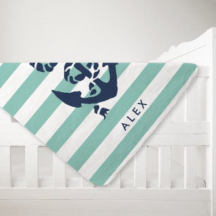 Nautical Nursery Mint Stripe Anchor Personalized Baby Blanket