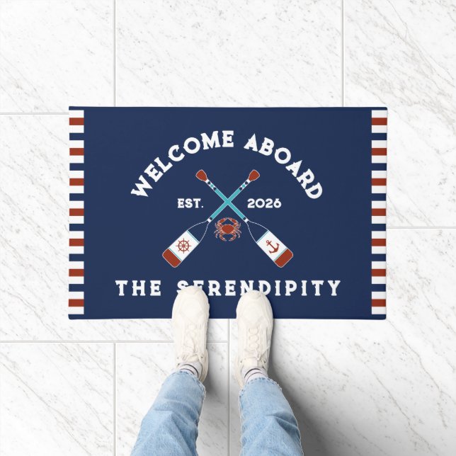 Nautical Oars Crab Striped Welcome Aboard Ship Doormat (Indoor)