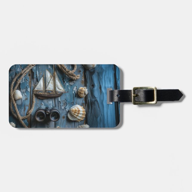Nautical objects on a wooden background luggage tag (Front Horizontal)