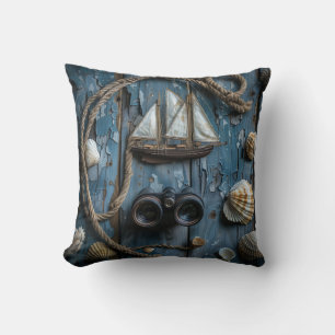 Nautical objects on a wooden background throw pillow