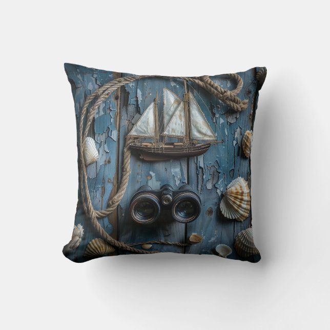 Nautical objects on a wooden background throw pillow (Front)