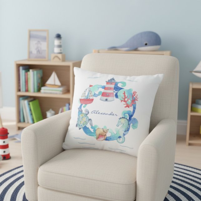 Nautical Ocean Animals Boat and Lighthouse Throw Pillow (Creator Uploaded)