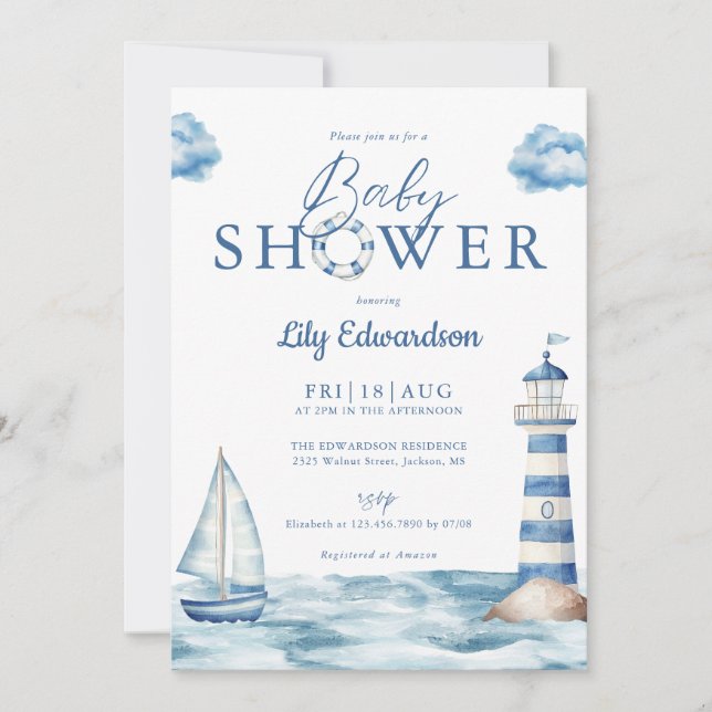 Nautical Ocean Baby Shower Photo QR Code Invitation (Front)