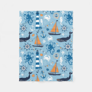 Nautical Ocean Blue and Orange Fleece Blanket