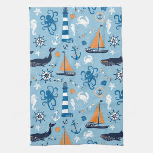 Nautical Ocean Blue and Orange Kitchen Towel