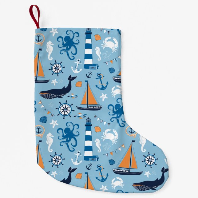 Nautical Ocean Blue and Orange Small Christmas Stocking (Front)