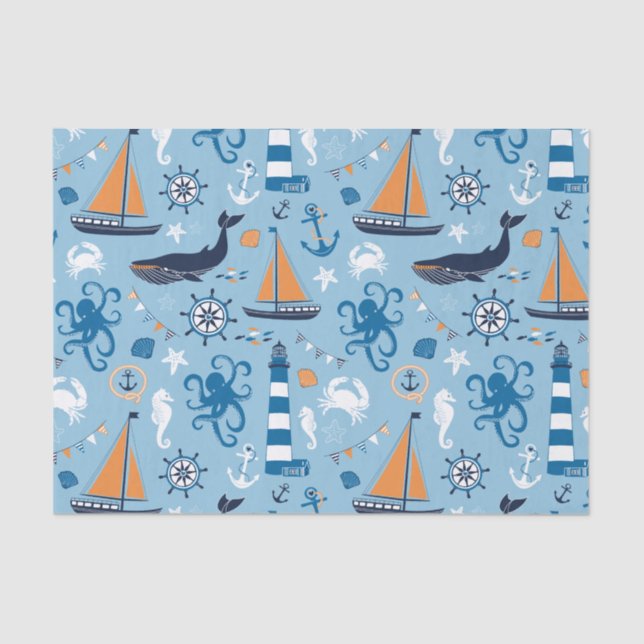 Nautical Ocean Blue and Orange Tissue Paper (Front)