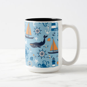 Nautical Ocean Blue and Orange Two-Tone Coffee Mug