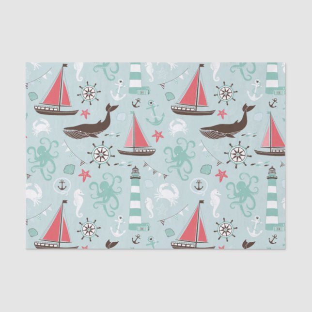 Nautical Ocean Blue and Rose Tissue Paper (Front)