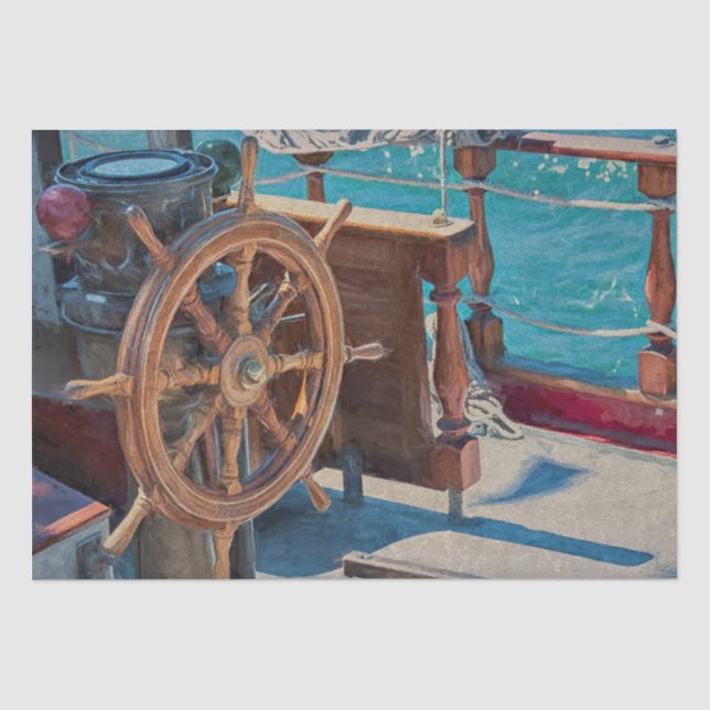 Nautical Ocean Blue Brown Coastal Ship Tissue Paper (Front)