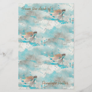 Nautical Ocean Blue Flying Sea Turtle Stationery