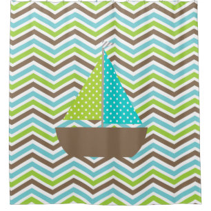 Nautical Ocean Bright Sailboat on Chevron Stripes