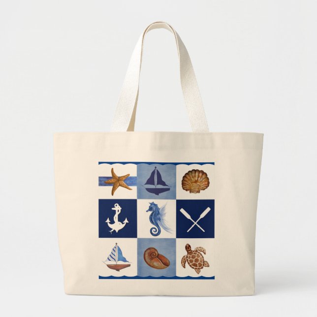 Nautical Ocean Designs Large Tote Bag (Front)