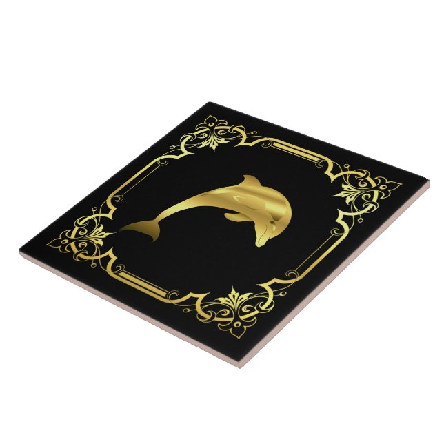 Nautical ocean dolphin silhouette/gold/black tile (Side)