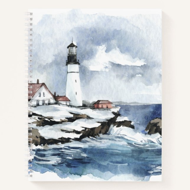 Nautical Ocean Lighthouse Watercolor Spiral Notebook (Front)