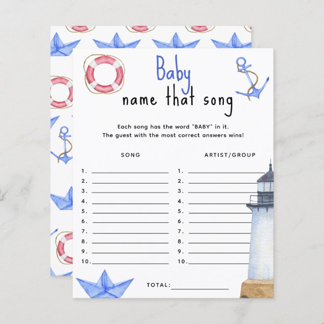 Nautical ocean - Name that song baby shower game (Front/Back)