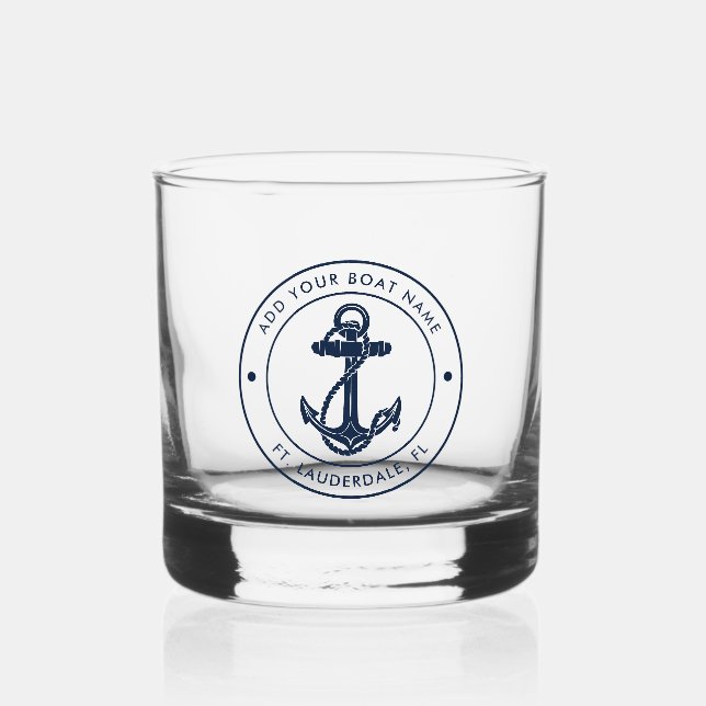 Nautical Ocean Navy Blue Anchor Boat Name Custom Whiskey Glass (Front)
