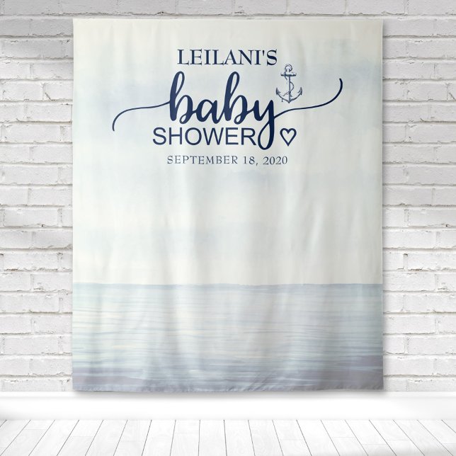 Nautical Ocean Navy Tapestry (Watercolor ocean background with an anchor & baby shower typography for a nautical inspired backdrop)