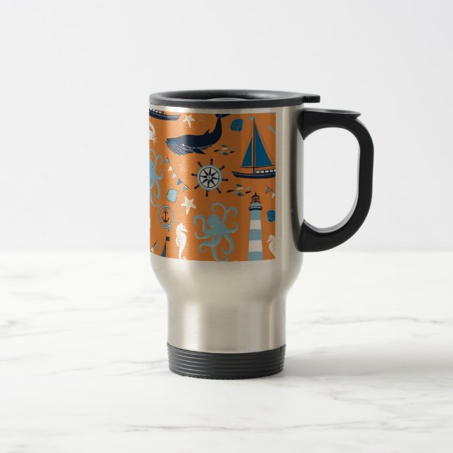 Nautical Ocean Orange Travel Mug (Right)