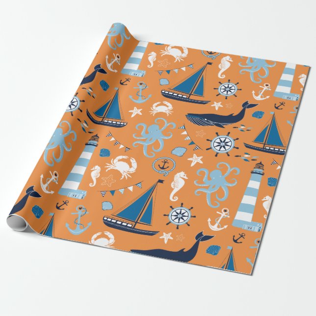 Nautical Ocean Orange Wrapping Paper (Unrolled)