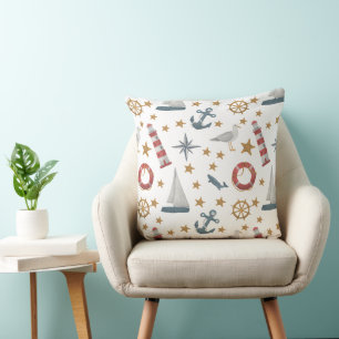  Nautical Ocean Sailboat Whale Lighthouse Pattern Throw Pillow