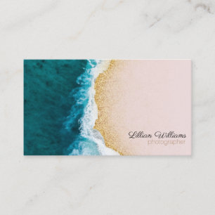 Nautical Ocean Teal Waves Gold Glitter Ombre Blush Business Card