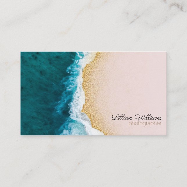 Nautical Ocean Teal Waves Gold Glitter Ombre Blush Business Card (Front)