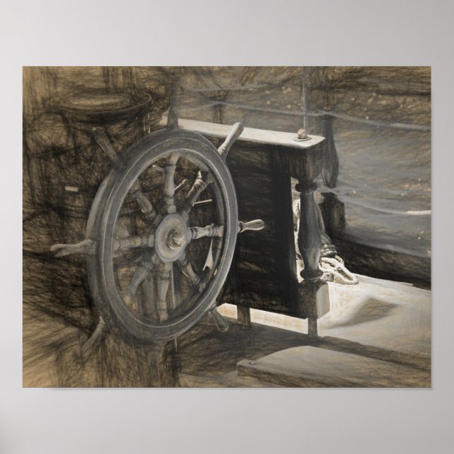 Nautical Ocean Vintage Navy Ship Sepia Coastal Art Poster (Front)