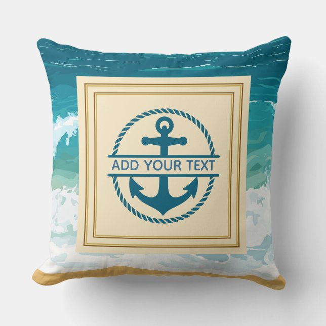 Nautical Ocean Wave Custom Text Anchor Throw Pillow (Front)